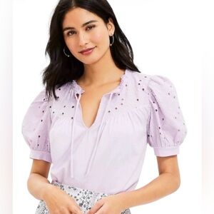NWT LOFT Eyelet Tie-Neck Puff Short Sleeve Blouse In Lavender Size: Small